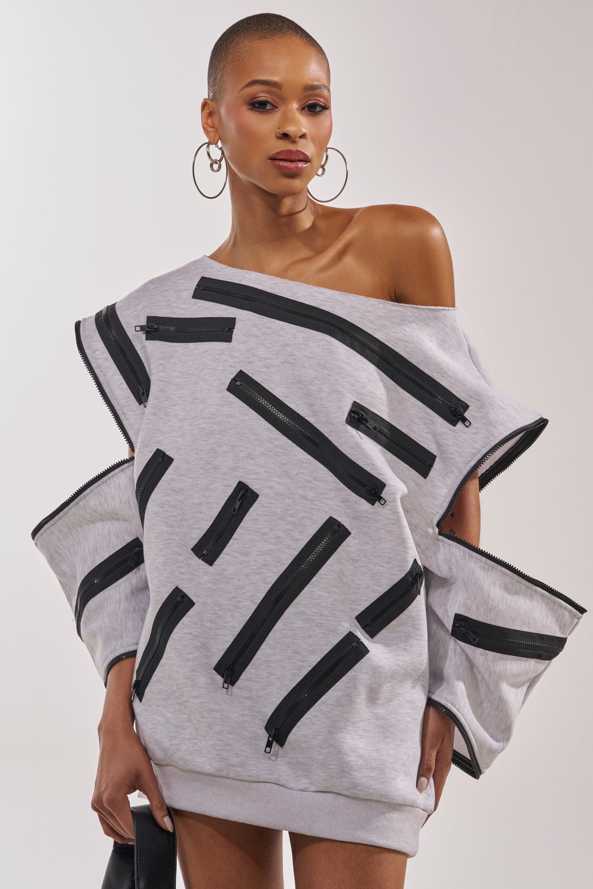 ZIP ZAP OFF THE SHOULDER SWEATSHIRT DRESS-GREY MULTI – AKIRA