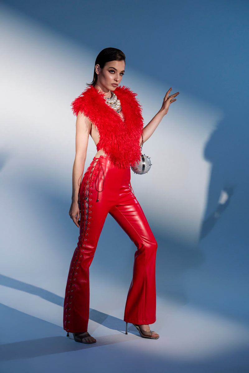 SEXY FAUX LEATHER RED LACE-UP PANTS – AKIRA