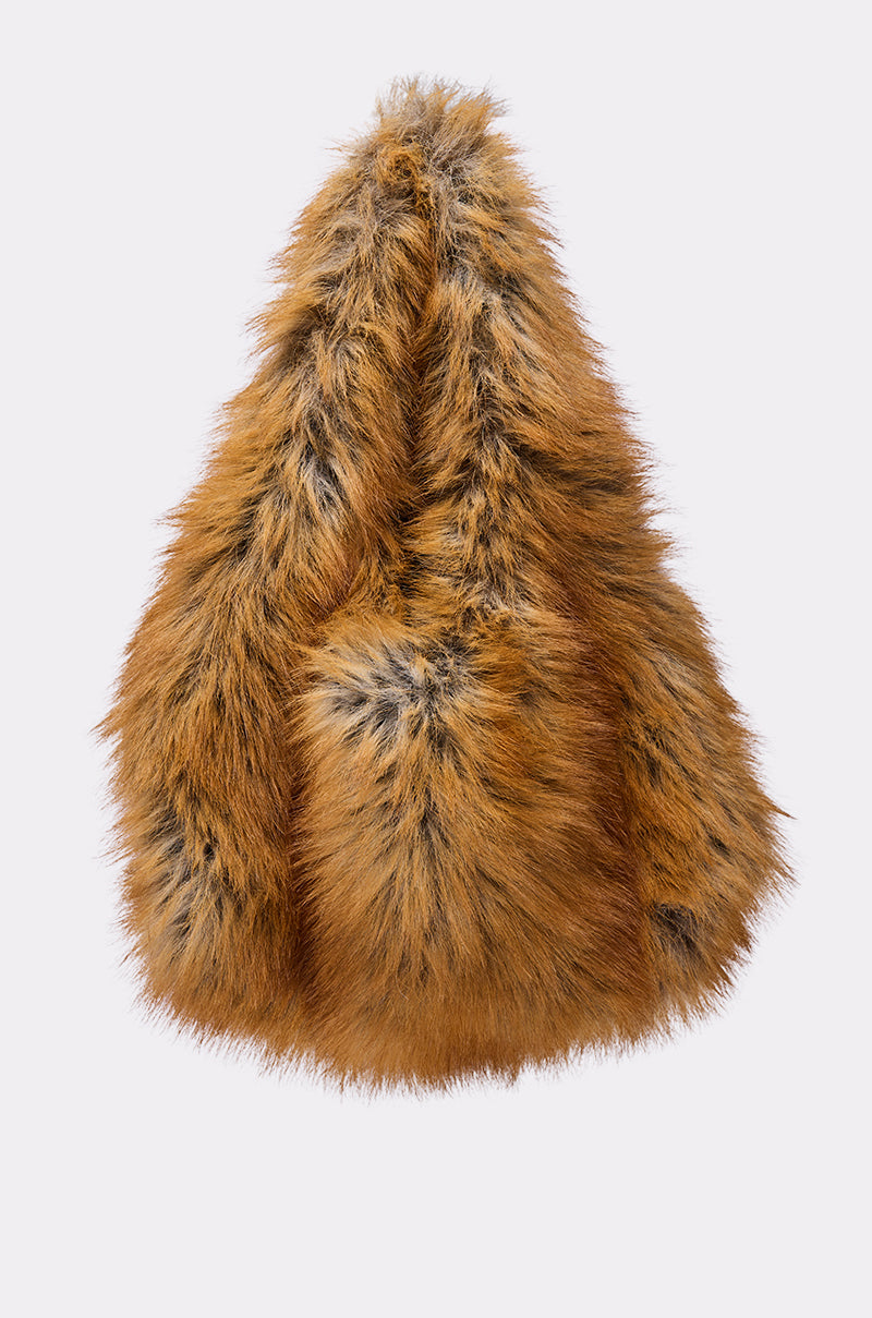 The REALLY LIKE THAT FAUX FUR MINI TOTE is a large, teardrop-shaped shoulder bag made of soft orange-brown faux fur with black and gray streaks, resembling fox fur, shown against a plain light background.