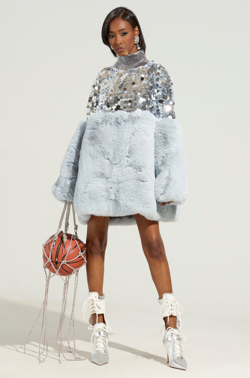 CRESSIDA SEQUIN FAUX FUR MINI DRESS AKIRA CRESSIDA SEQUIN FAUX FUR MINI DRESS AKIRA