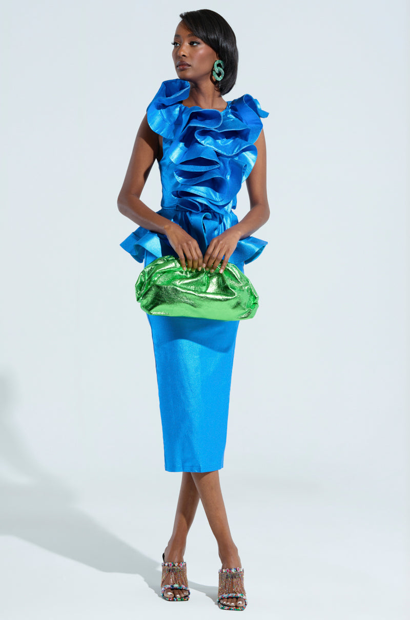 JULIANA METALLIC PEPLUM MIDI DRESS IN BLUE – AKIRA