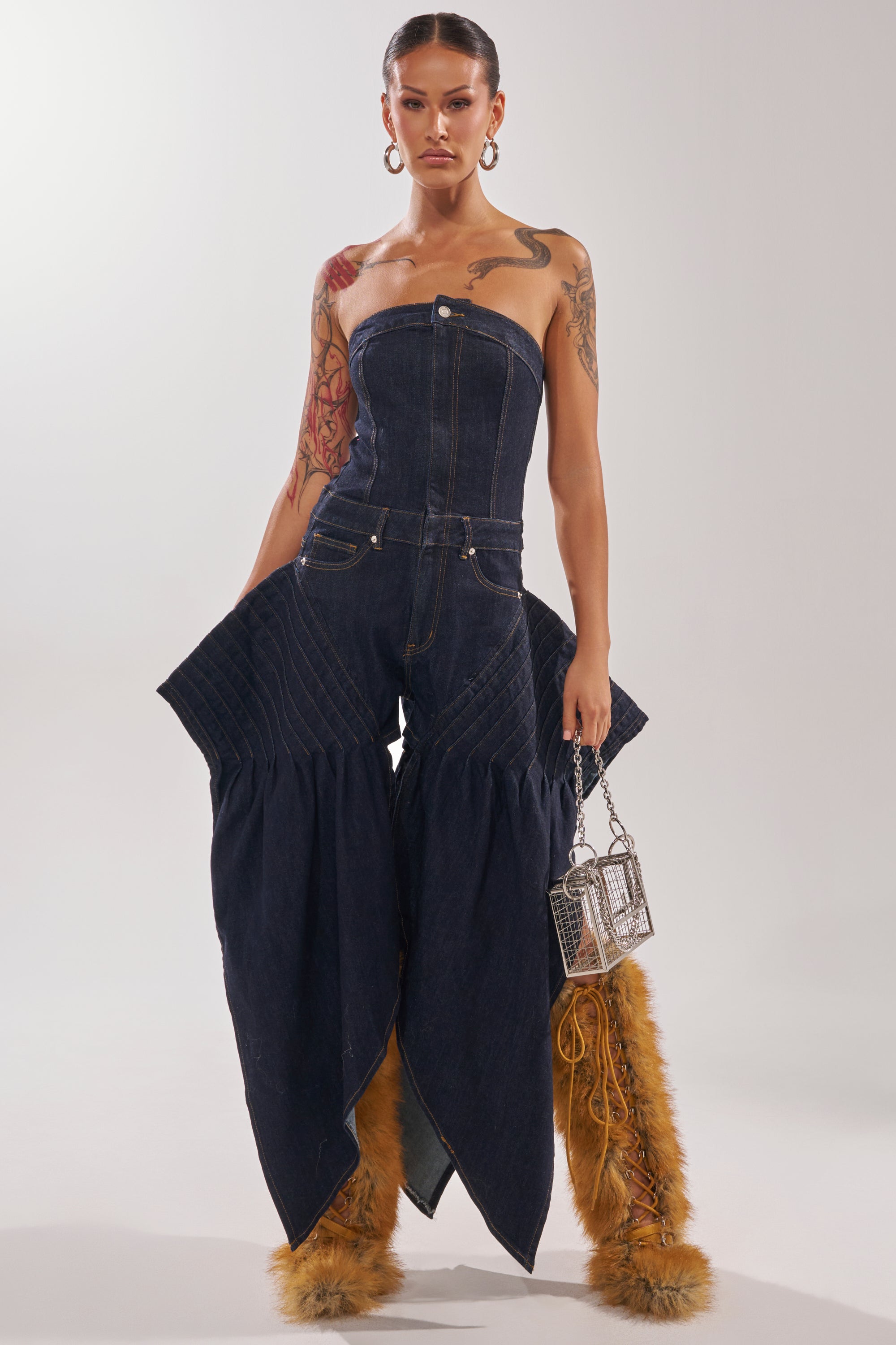 AKIRA No One Like Me Denim Romper In Dark Blue Denim