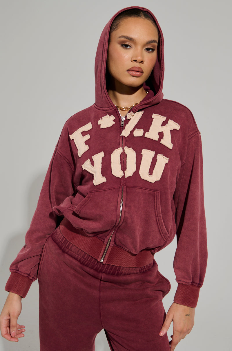 【COSYHARU】Mali Dark Red Lettering Sweatshirt GRAPHIC LANGUAGE MINERAL WASH ZIP UP SWEATSHIRT IN BURGUNDY