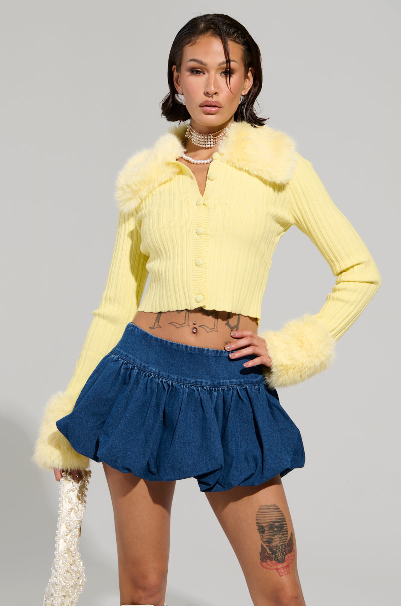 ANGEL EYES FUR TRIM CARDIGAN IN YELLOW – AKIRA ANGEL EYES FUR TRIM CARDIGAN IN YELLOW – AKIRA