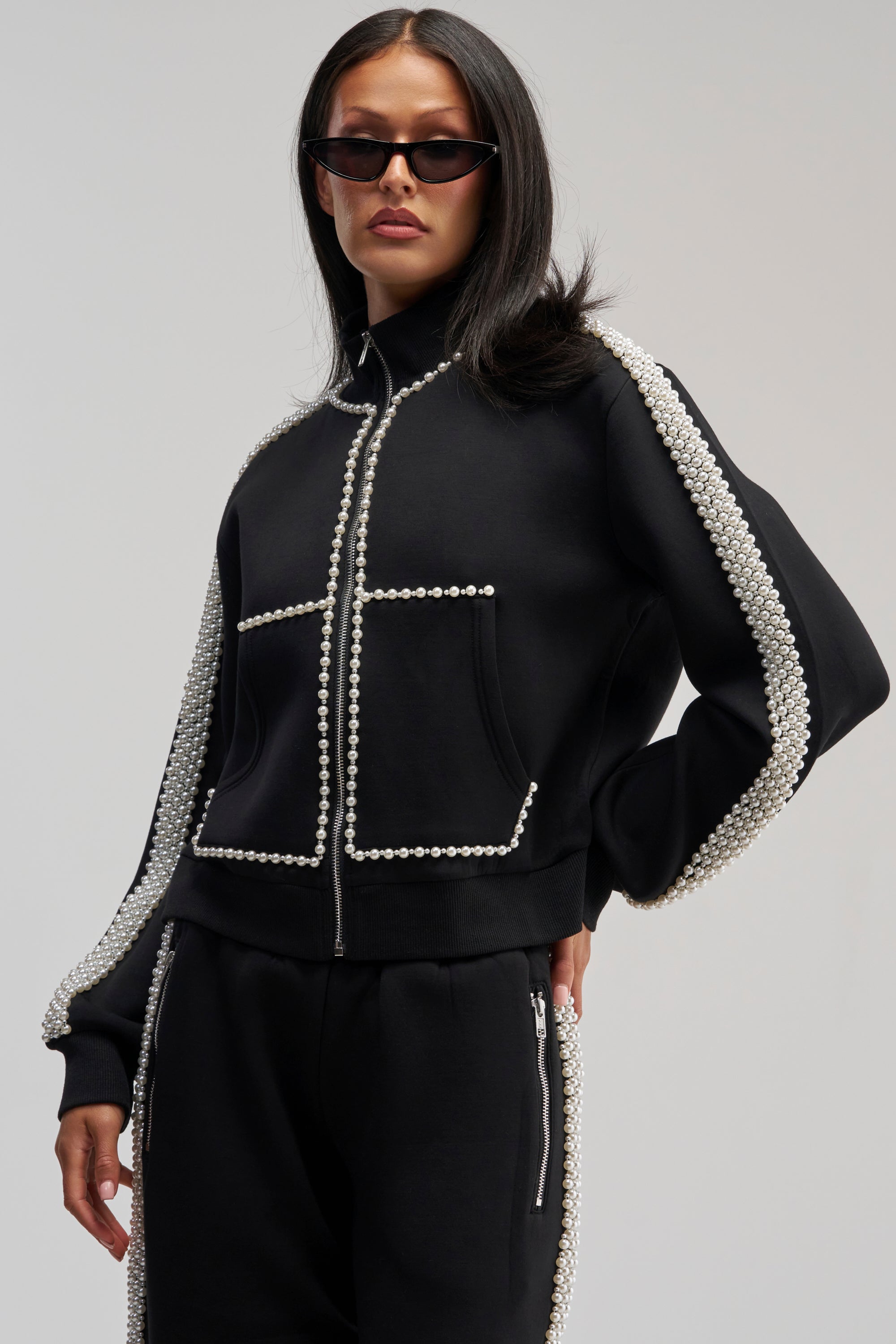 Pearl Embellished Zip Up Sweatshirt, Oversized | AKIRA