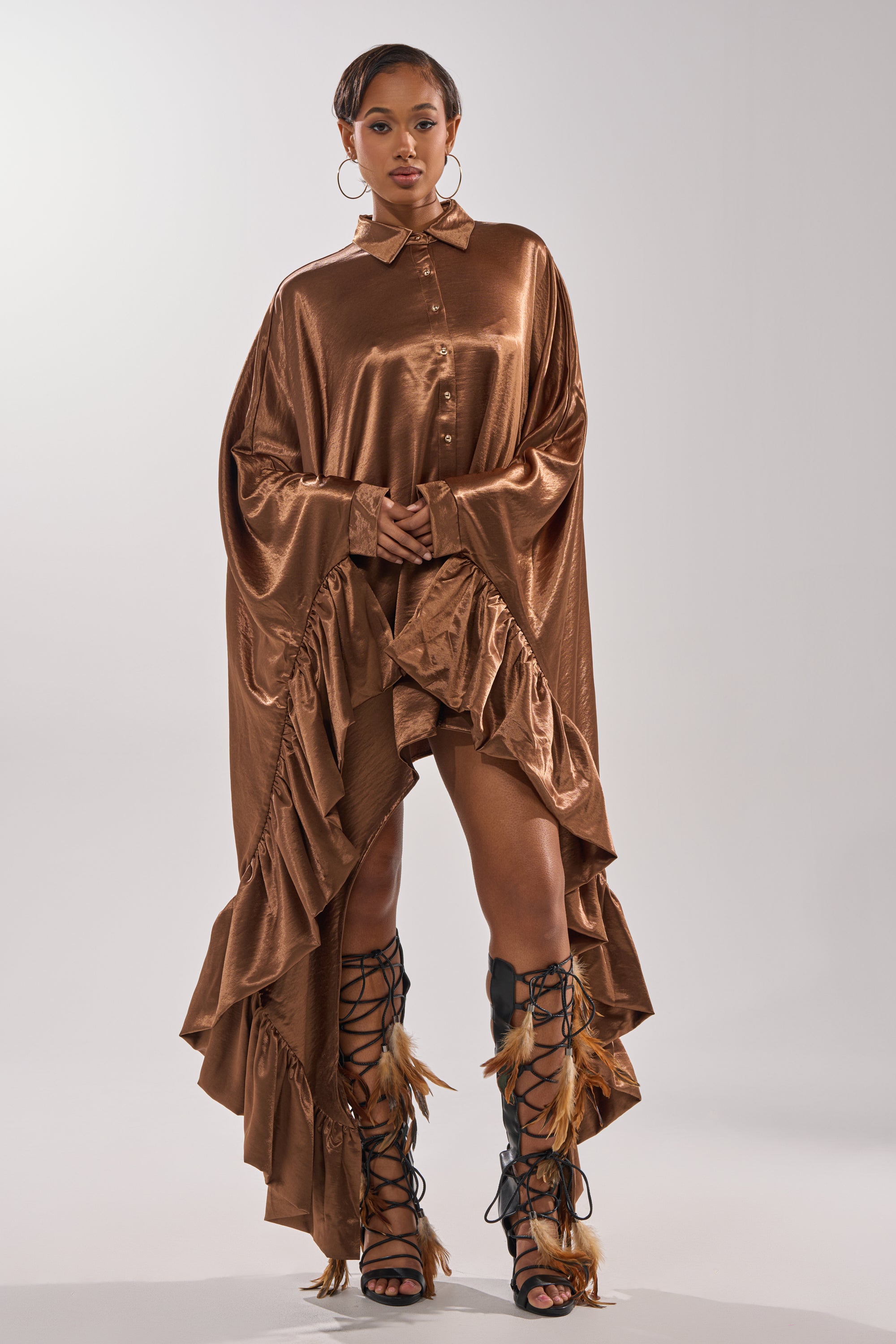 WONDERLUST SATIN LONG SLEEVE MINI DRESS IN BROWN AKIRA WONDERLUST SATIN LONG SLEEVE MINI DRESS IN BROWN AKIRA