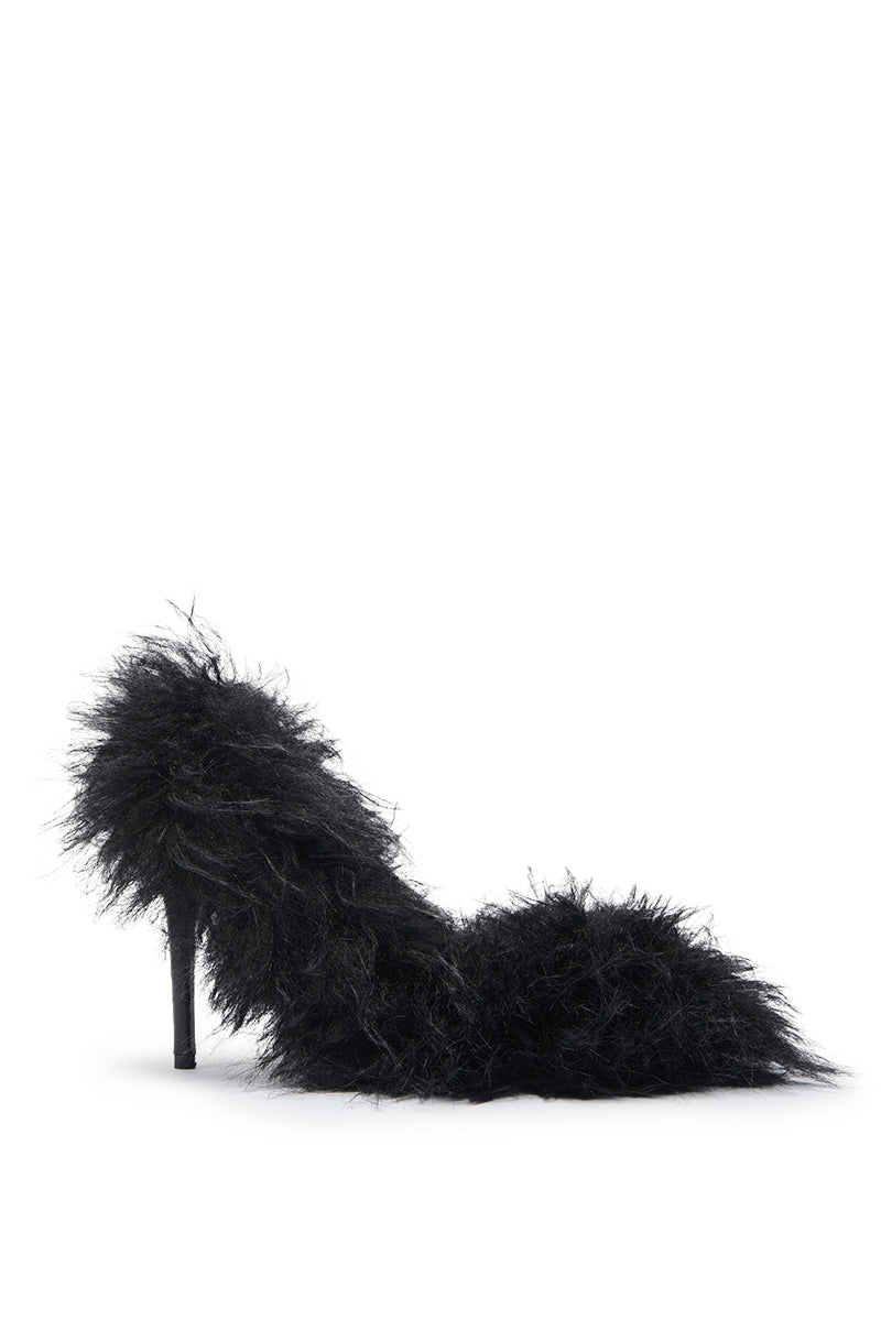 The AZALEA WANG KURT Black Fur Embellished Pump features a black pointed toe stiletto heel adorned with soft, feathery fur, shown against a white background.