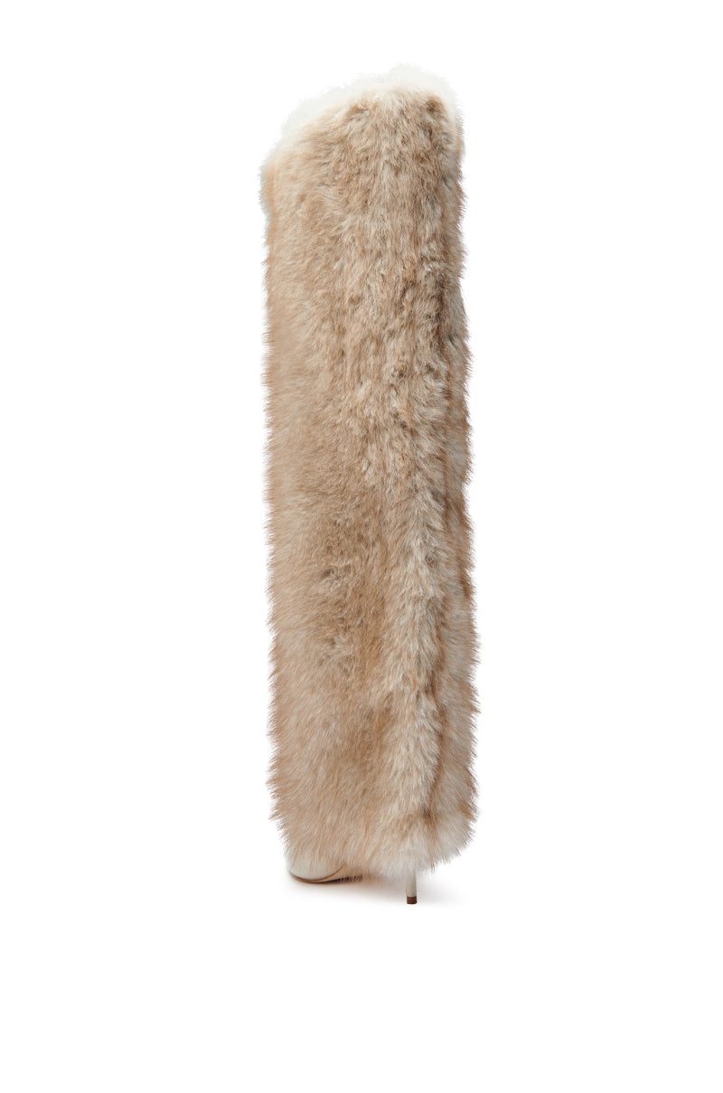 The AZALEA WANG LAGANN BONE THIGH HIGH FUR LUXE BOOT is a single tall boot in light beige faux fur, shown from the side against a white background. The thick fur partially obscures the stiletto heel and toe.