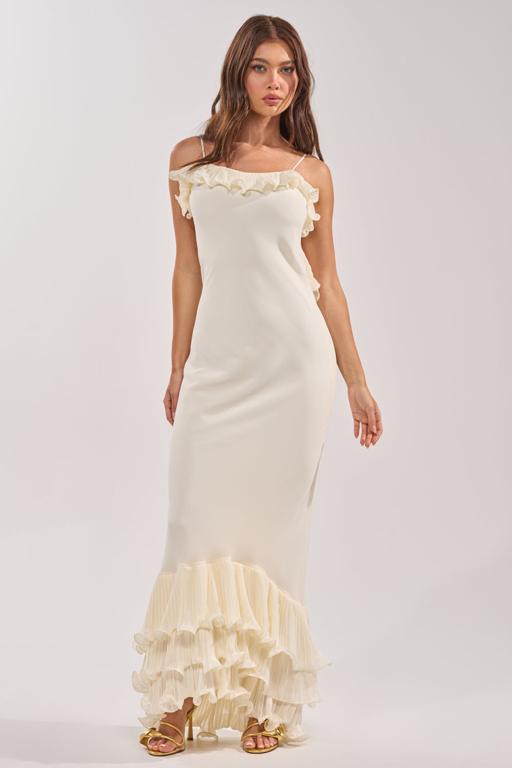 LOVE ME OR LOSE ME RUFFLE MAXI DRESS IN IVORY AKIRA LOVE ME OR LOSE ME RUFFLE MAXI DRESS IN IVORY AKIRA