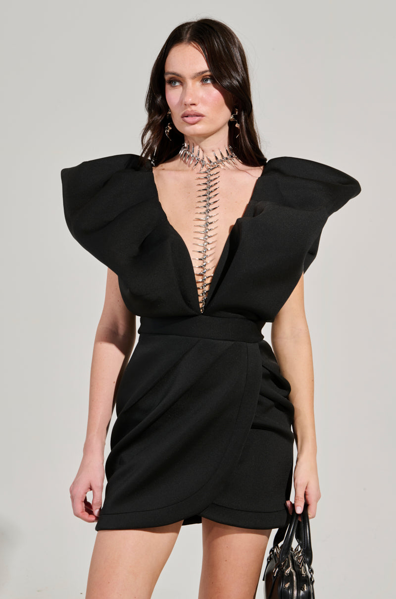 IRREPLACEABLE RUFFLE SLEEVE TULIP HEM MINI DRESS IN BLACK AKIRA IRREPLACEABLE RUFFLE SLEEVE TULIP HEM MINI DRESS IN BLACK AKIRA