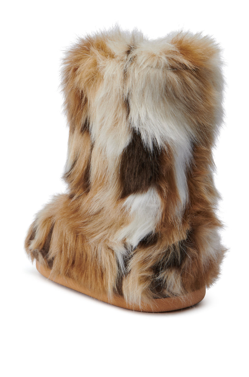 The AZALEA WANG NADIANNA BROWN FUR FLAT BOOTIE features fluffy, multicolored faux fur with a mix of brown, white, and black patches. These cozy booties come with a cushioned flat sole and a textured appearance, making them perfect for winter wear.