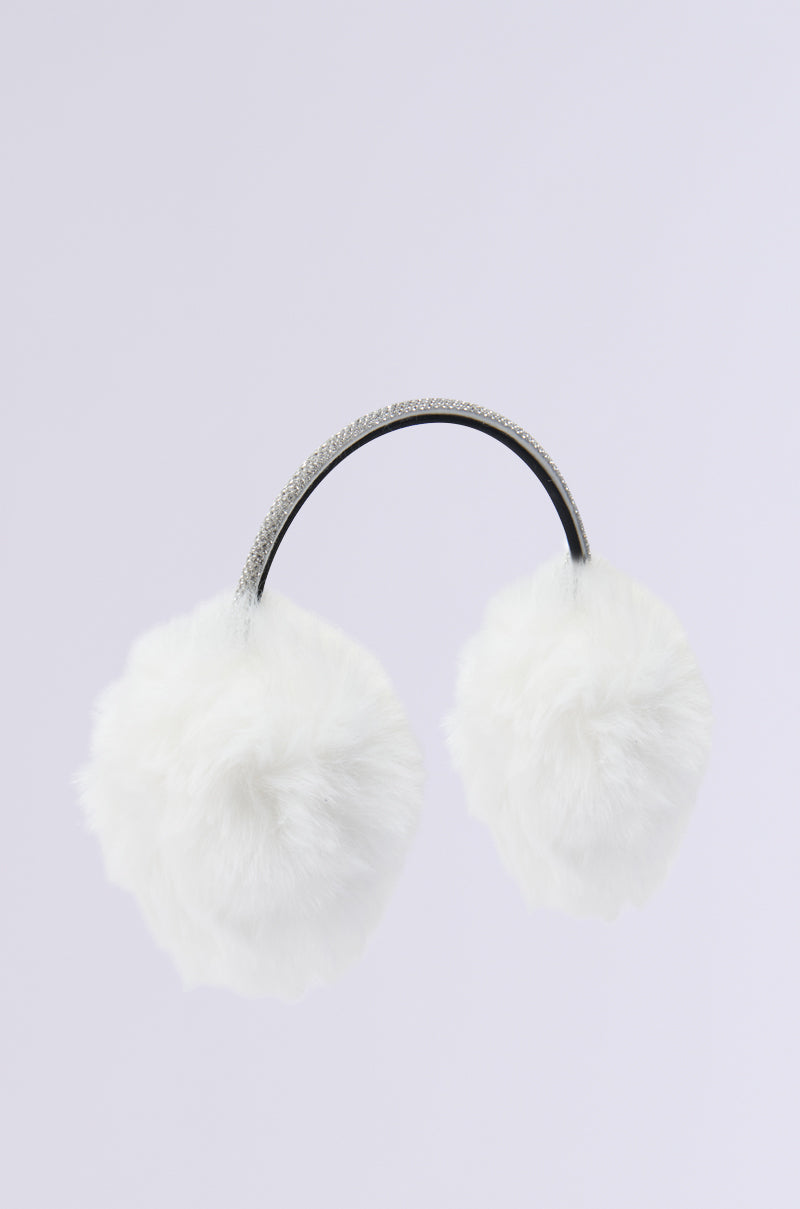 The EXTRA RHINESTONE EAR MUFFS IN WHITE shimmer as the ideal winter accessory against a plain backdrop, showcasing faux fur for added warmth and a textured headband.