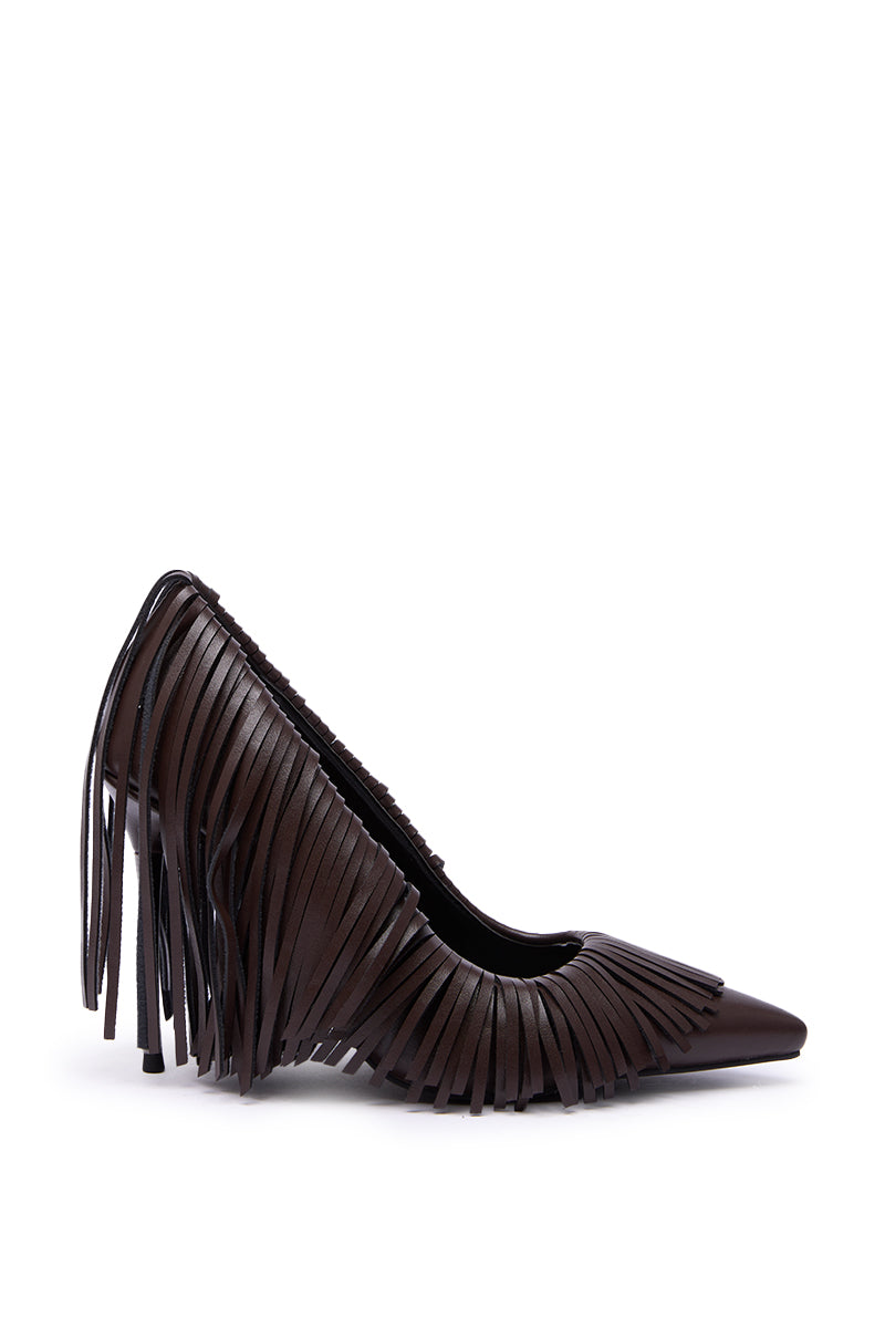 The AZALEA WANG RALPH CHOCOLATE FRINGE CLASSIC PUMP is a dark brown faux leather pointed-toe stiletto with layered long fringe detailing along the sides and back.