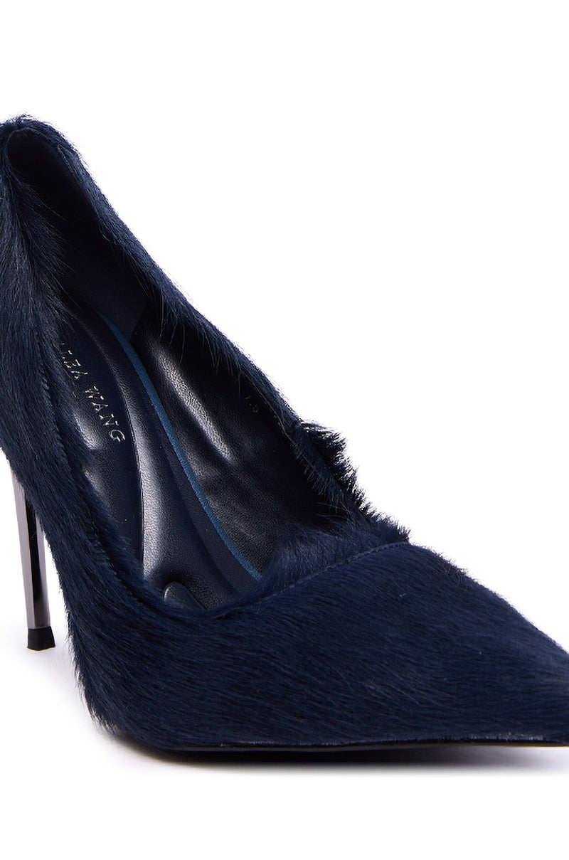 The AZALEA WANG ROSEE Navy Pony Hair Pump features a pointed toe, furry textured pony hair surface, and sleek stiletto heel, shown facing forward and to the left.
