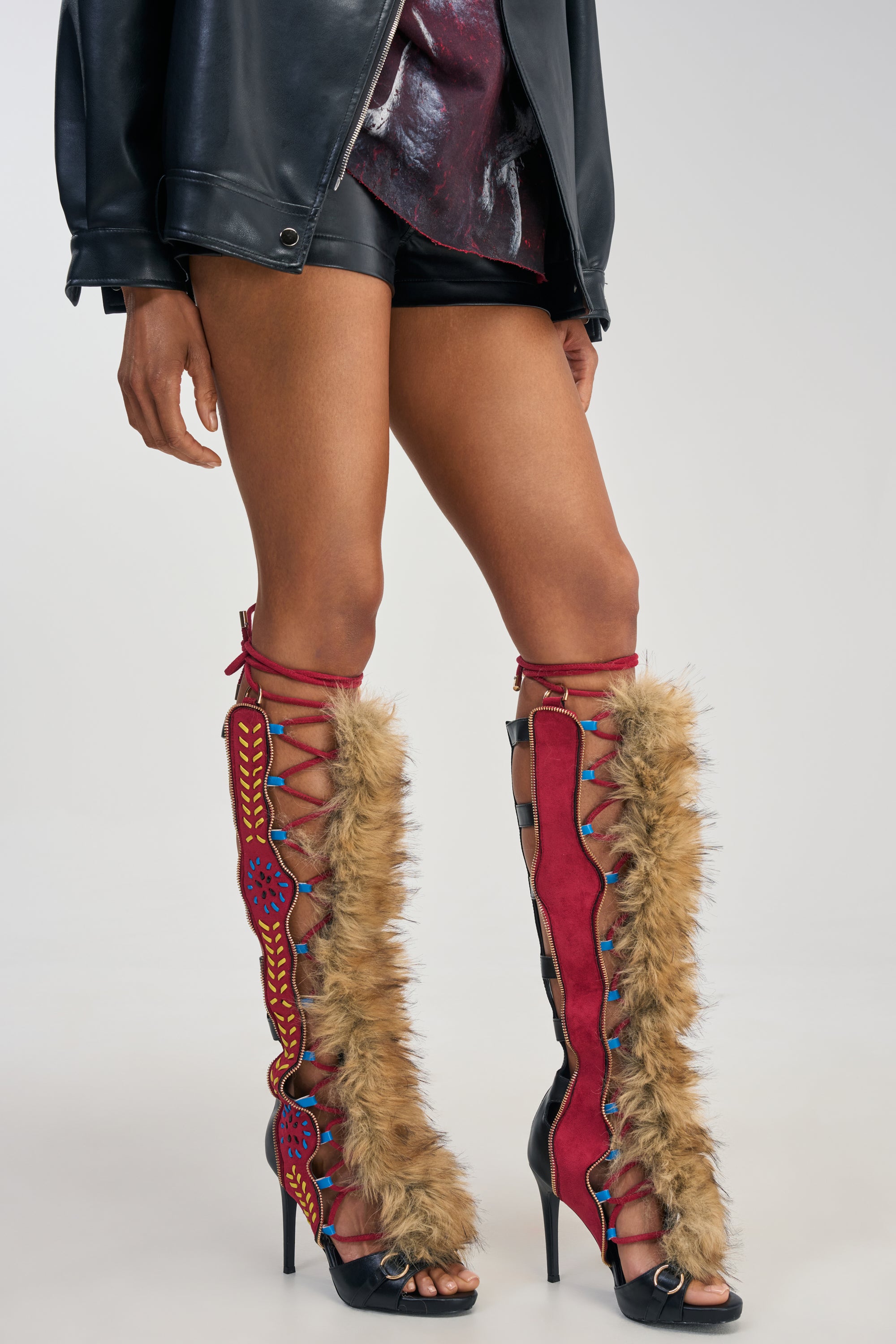 AZALEA WANG SHAINE BLACK MULTI GLADIATOR STITCH AND FUR SANDAL – AKIRA