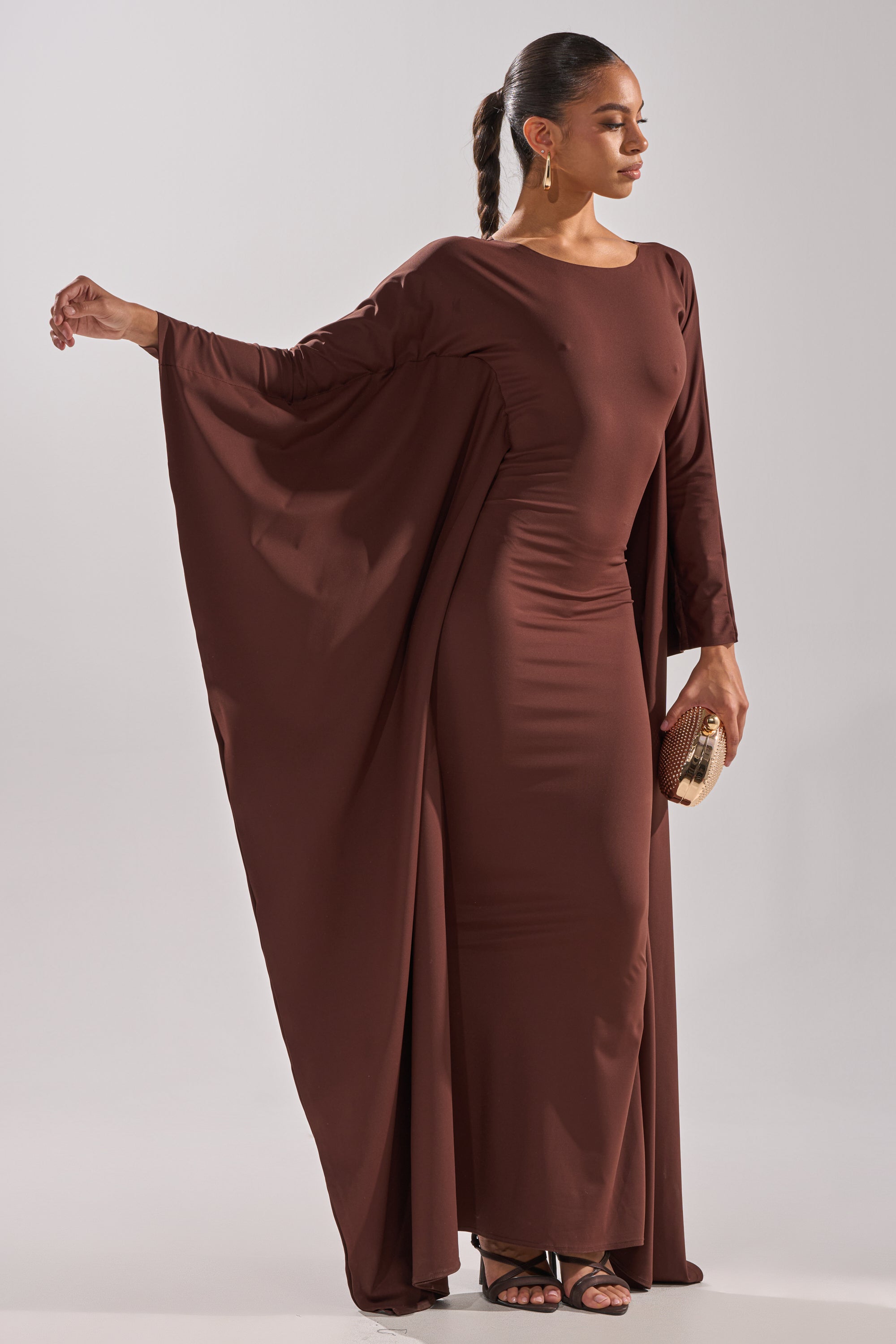 KYLIE MAXI DRESS WITH RUFFLE SLEEVES IN BROWN AKIRA KYLIE MAXI DRESS WITH RUFFLE SLEEVES IN BROWN AKIRA