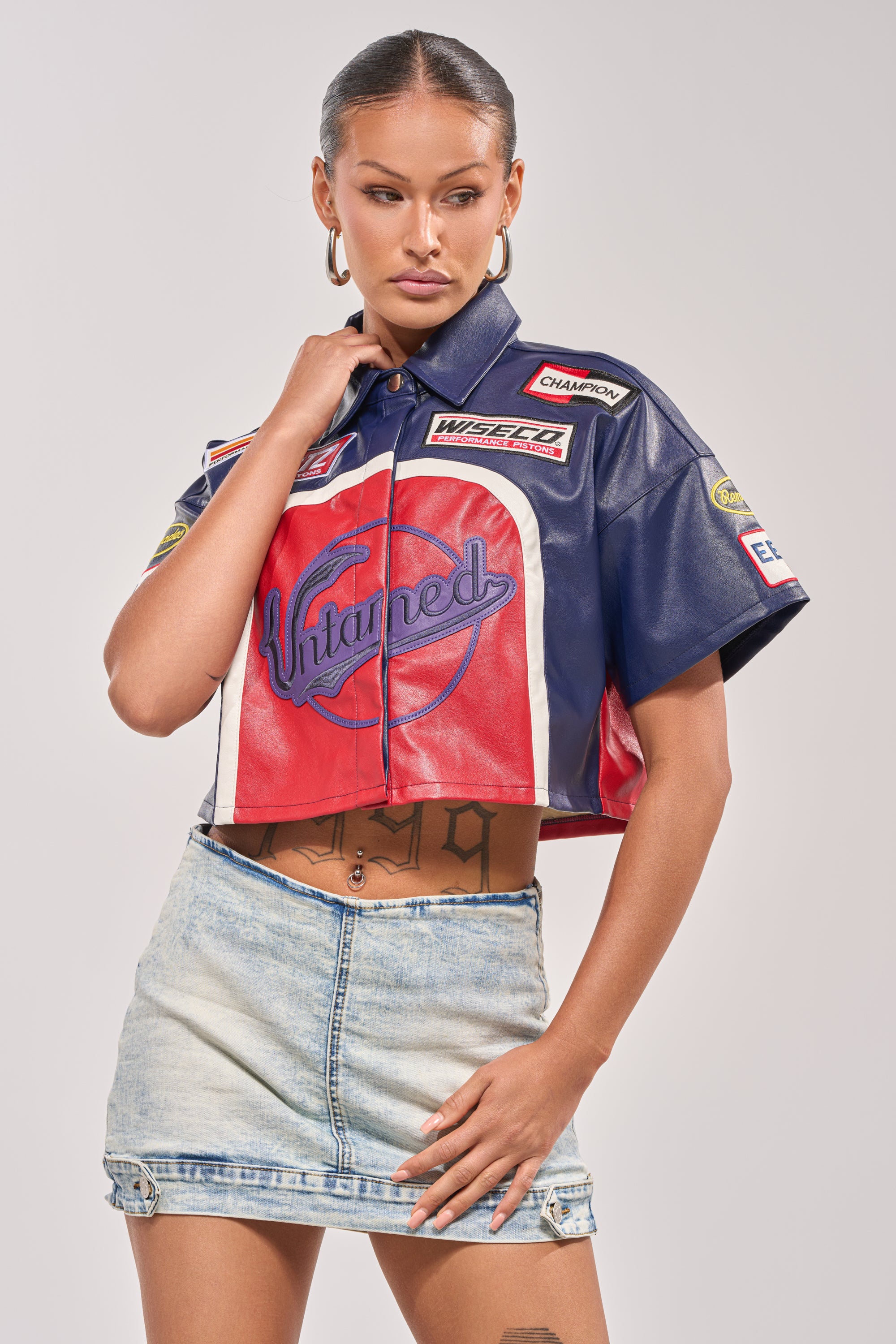 PEDAL TO THE METAL FAUX LEATHER BUTTON DOWN – AKIRA