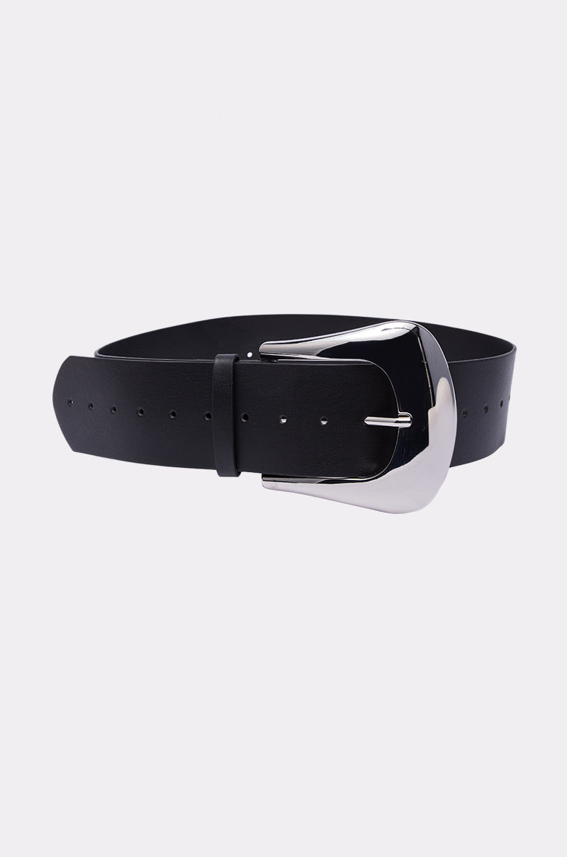 The BIGGER IS ALWAYS BETTER BELT is a black faux leather belt with a large, shiny silver buckle, shown coiled on a plain white background.