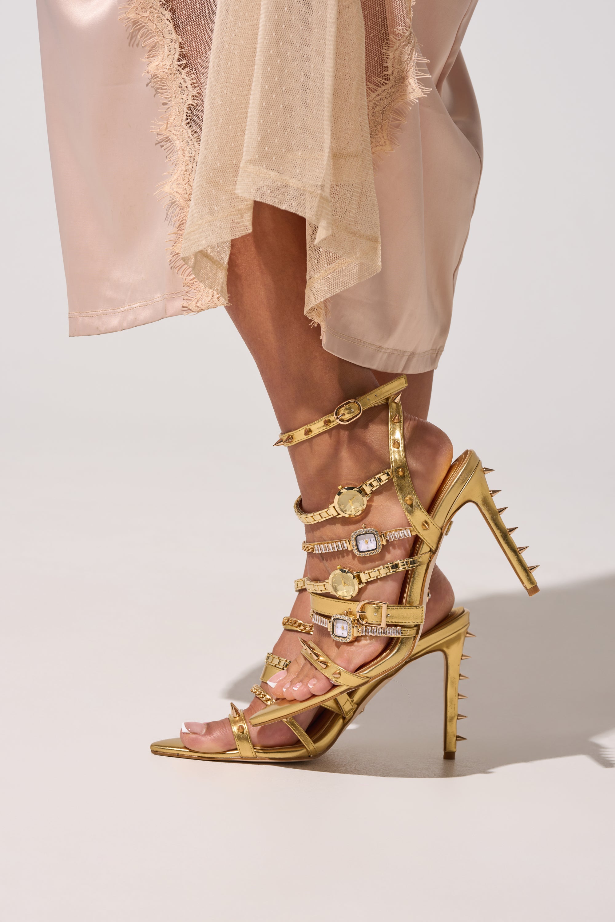Akira Gold Sydonic Gold Watch Stiletto Sandal | Size 7 Akira Gold Sydonic Gold Watch Stiletto Sandal | Size 7