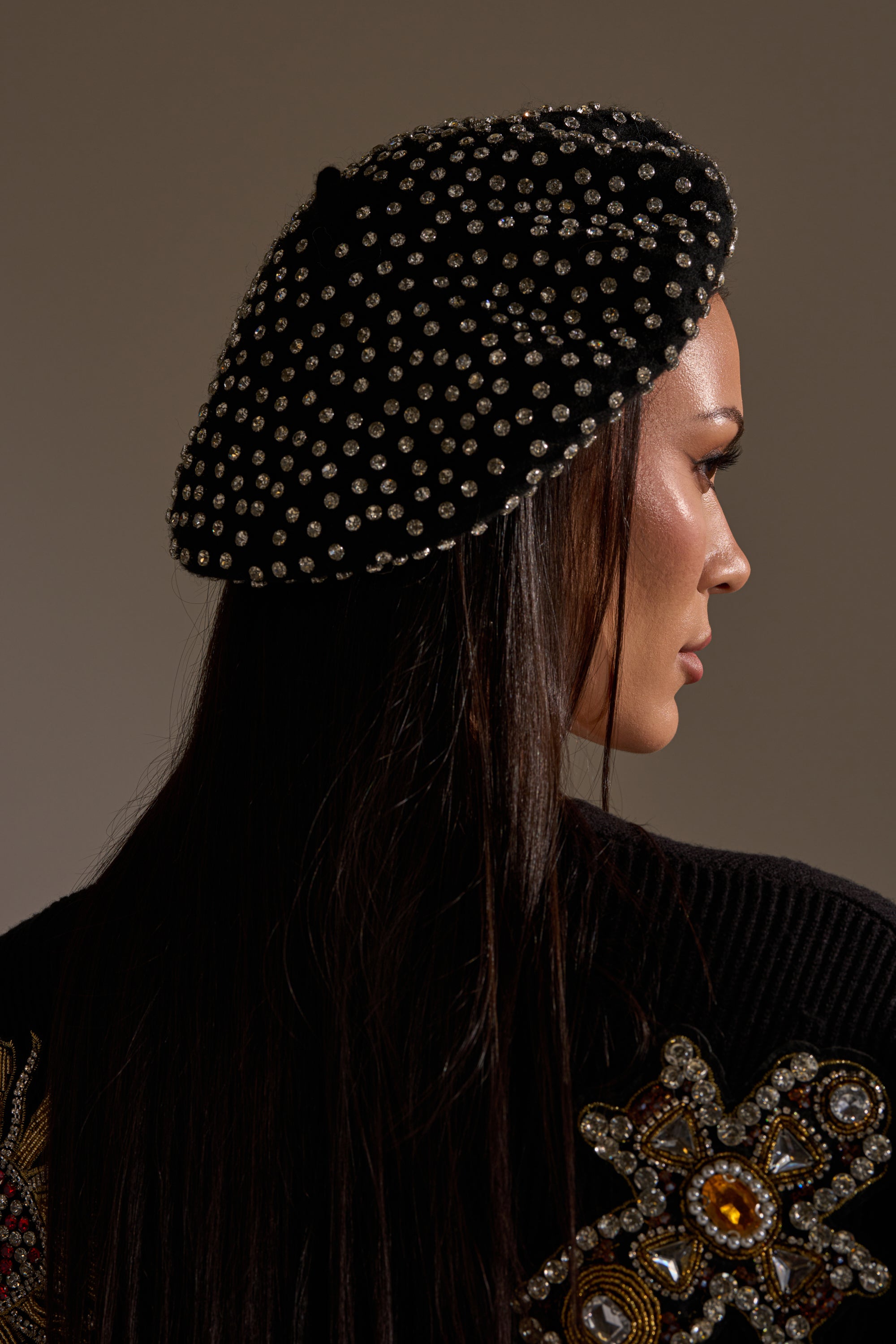Pearl-Embellished Black Wool Beret - Women Accessories 5612 Women Girls Beaded Pearl Rhinestone Wool French Beret  main image 3
