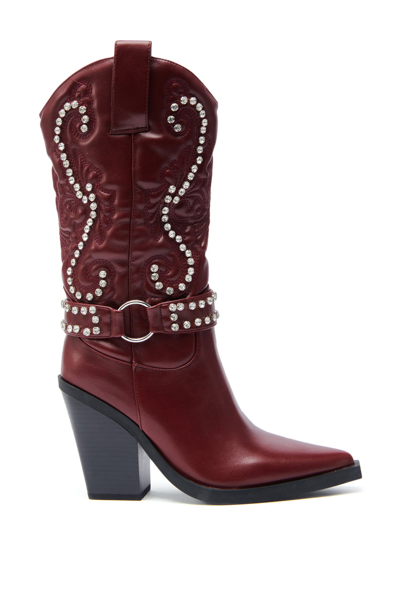 The AZALEA WANG UMBRA BURGUNDY WESTERN BOOTIE features a maroon hue, decorative silver studs, Baroque embroidery, a pointed toe, side pull strap, and is crafted from premium faux leather.