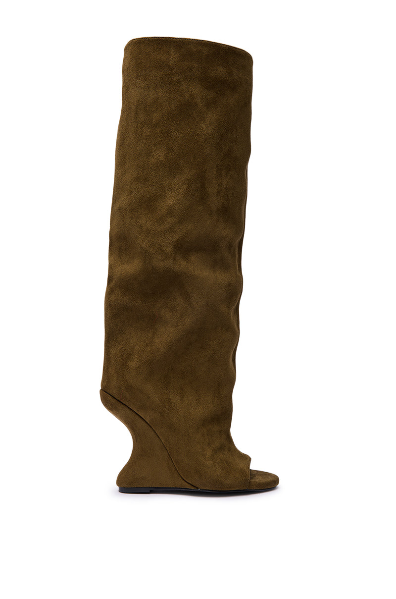 The AZALEA WANG VINCENT Olive Faux Suede Open Toe Wedge Boot is a knee-high boot with a slouchy design, peep toe style, and a uniquely sculpted, curvy heel.