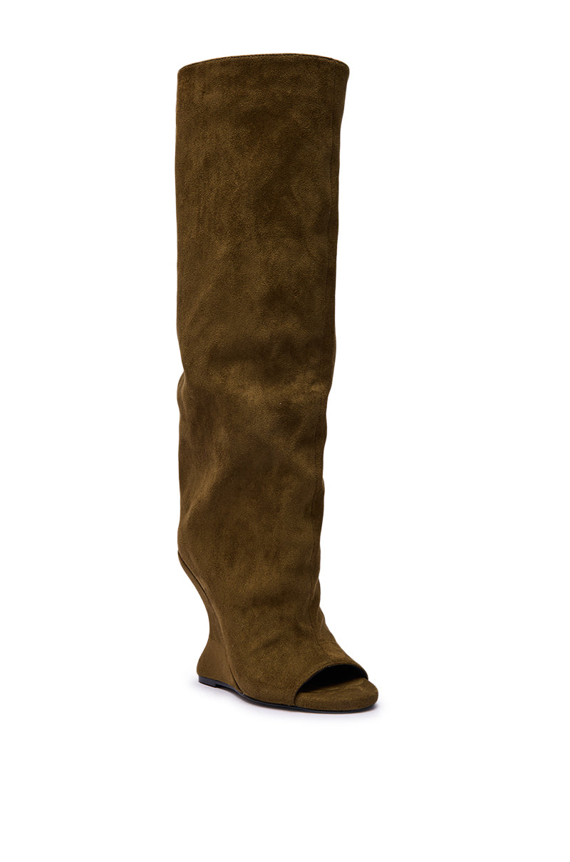 The AZALEA WANG VINCENT Olive Faux Suede Open Toe Wedge Boot features a knee-high design and sculptural heel, displayed against a white background.