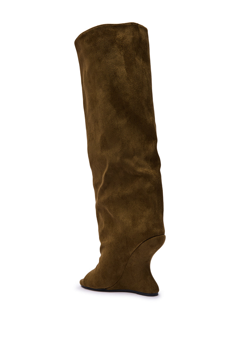 A single knee-high AZALEA WANG VINCENT olive faux suede open toe wedge boot with a slouchy design, displayed against a plain white background.