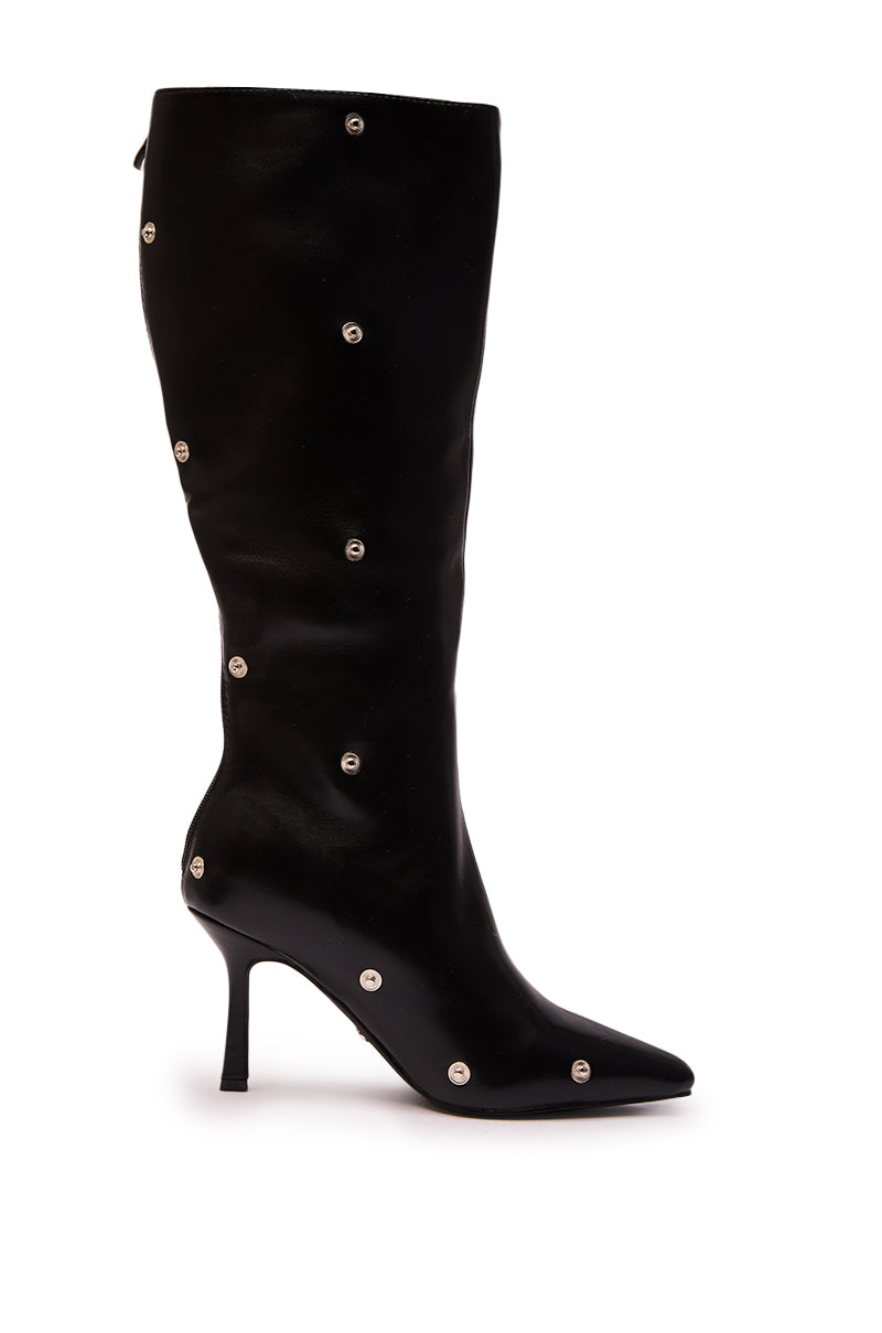 The AZALEA WANG VULTURE BLACK SHERPA LINED BOOT is a black faux leather knee-high stiletto with a pointed toe and evenly spaced silver studs.