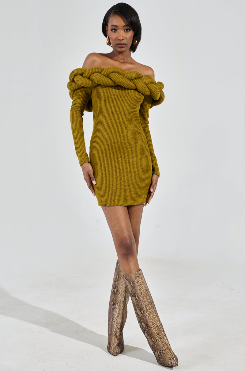 NOT IN THE MOOD KNIT BRAIDED MINI DRESS IN OLIVE AKIRA NOT IN THE MOOD KNIT BRAIDED MINI DRESS IN OLIVE AKIRA