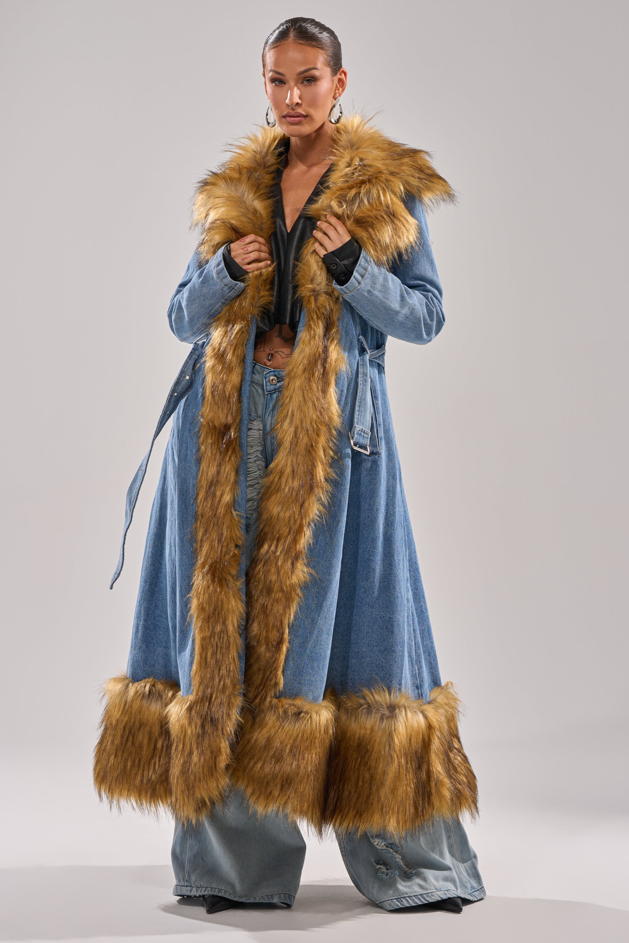 VIVIAN FUR TRIM TRENCH IN DENIM