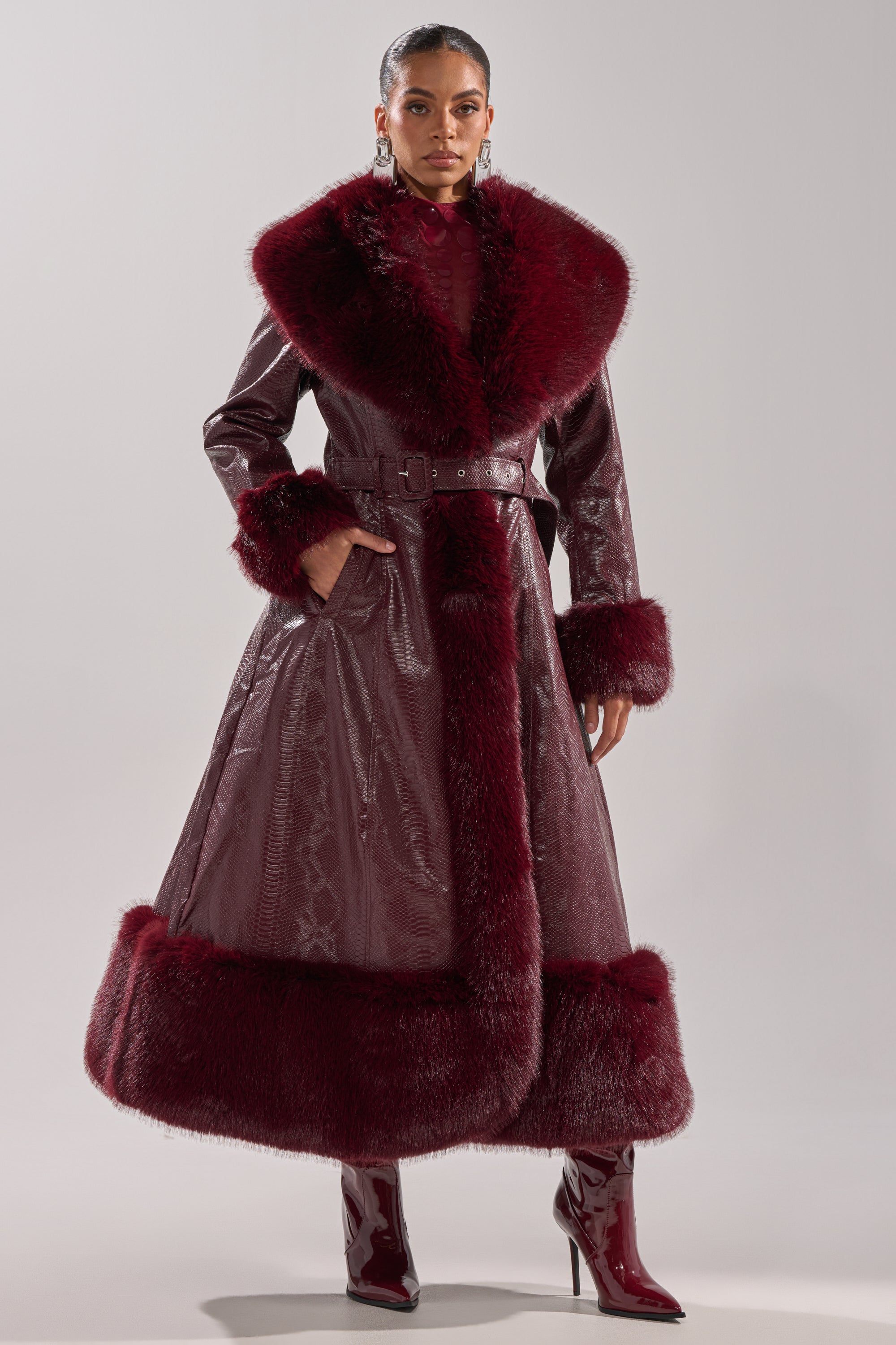 VIVIAN FUR TRIM TRENCH IN BURGUNDY – AKIRA
