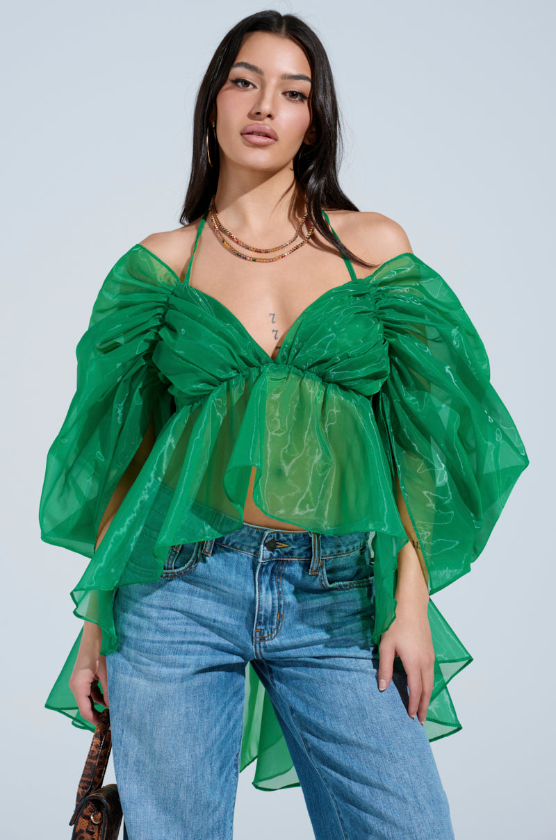 A woman with long dark hair and layered necklaces wears the AN ELEGANT EVENING ORGANZA BLOUSE in Kelly Green, featuring sheer ruffled sleeves, paired with light blue jeans. She stands against a pale background with a neutral expression.