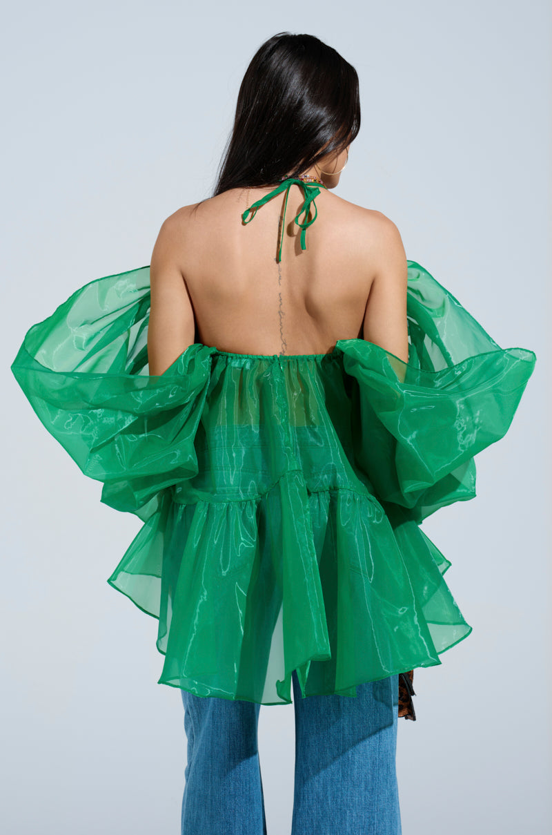 A person with long dark hair is seen from behind, wearing the AN ELEGANT EVENING ORGANZA BLOUSE in Kelly Green with voluminous sleeves and a ruffled hem, stylishly paired with blue jeans.