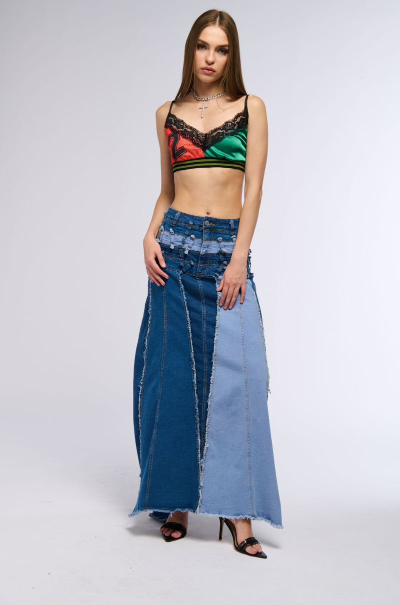 Detail View All Over Distressed Denim Skirt
