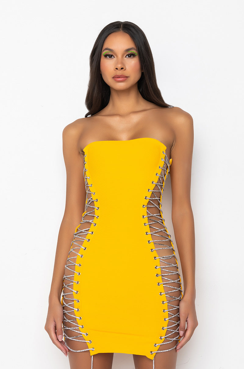 ALL THE RIGHT PLACES BANDAGE MINI DRESS YELLOW AKIRA ALL THE RIGHT PLACES BANDAGE MINI DRESS YELLOW AKIRA