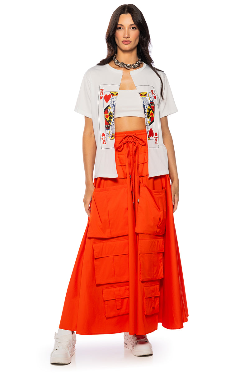 Back View Amelia Cargo Pocket Maxi Skirt In Red