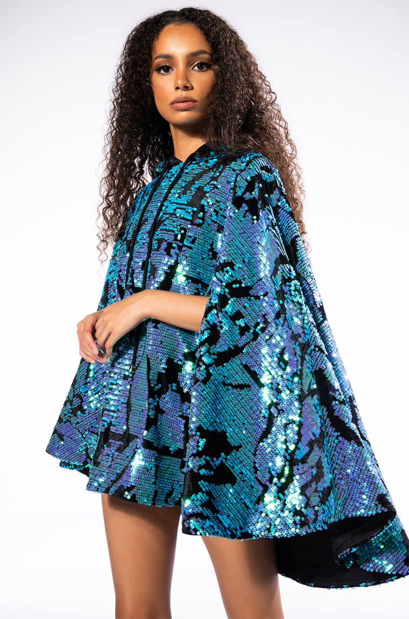TALKING IN CIRCLES SEQUIN PONCHO DRESS AKIRA TALKING IN CIRCLES SEQUIN PONCHO DRESS AKIRA