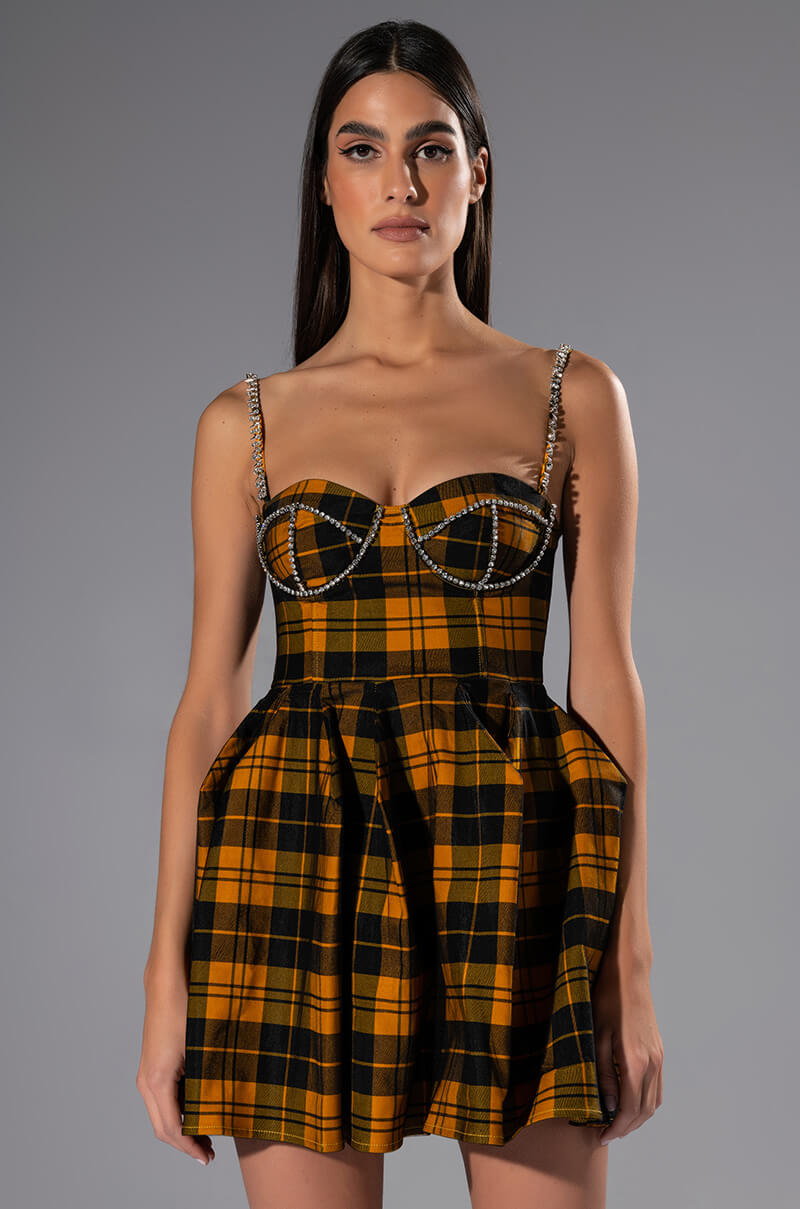 IGGY RHINESTONE DETAIL CORSET PLAID MINI DRESS AKIRA IGGY RHINESTONE DETAIL CORSET PLAID MINI DRESS AKIRA