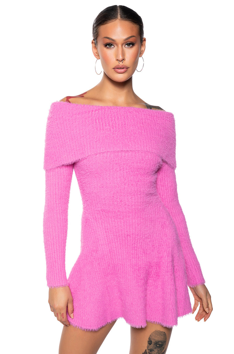ARI OFF THE SHOULDER KNIT MINI DRESS – AKIRA