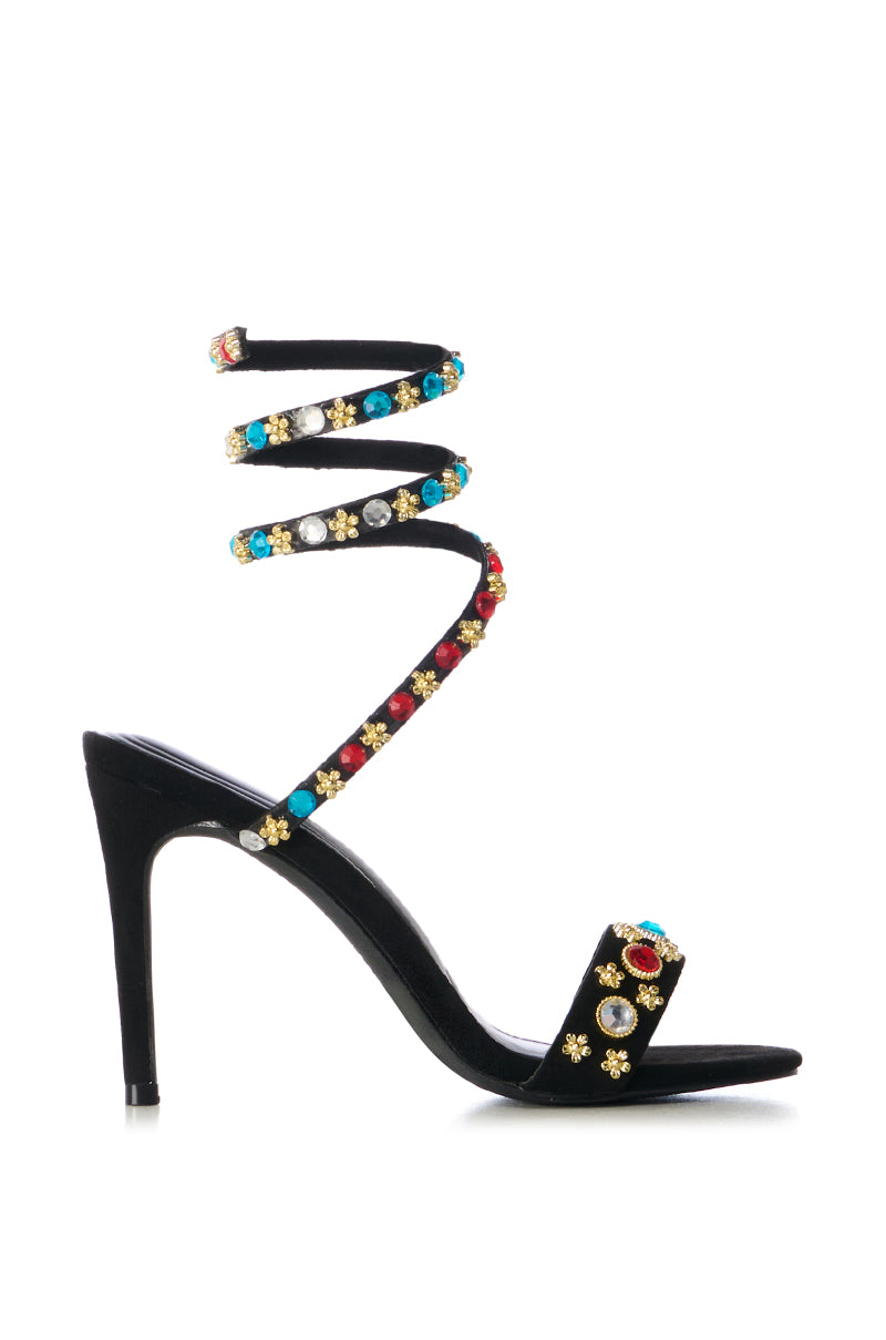 Side View Azalea Wang Abu Black Embellished Coil Sandal