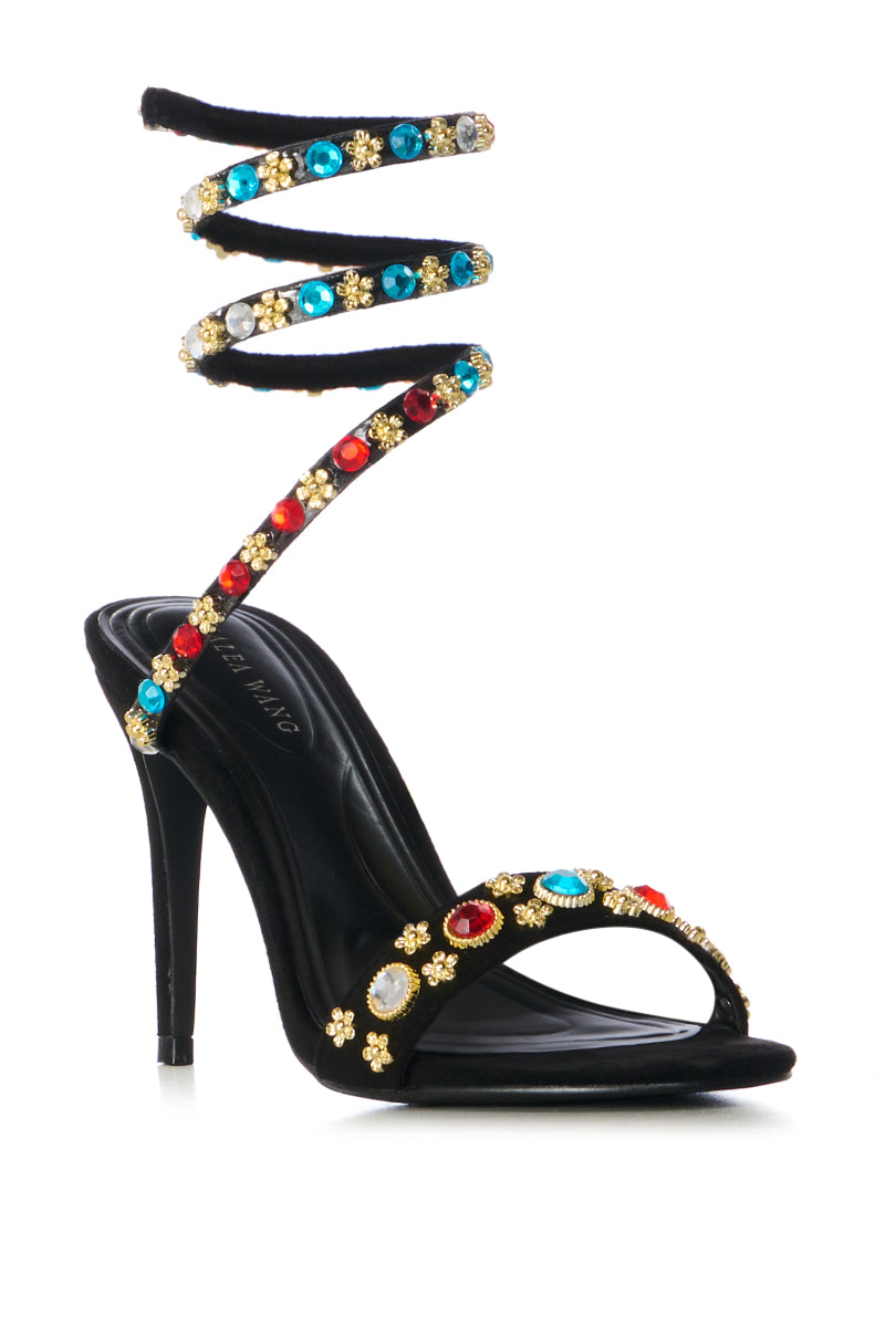 Back View Azalea Wang Abu Black Embellished Coil Sandal