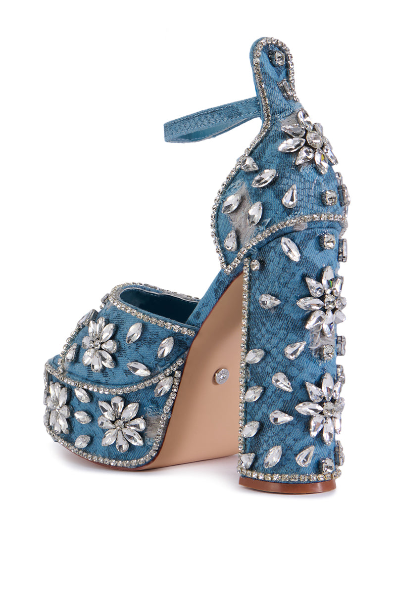 Detail View Azalea Wang Charlize Denim Snakeskin Sandal With Rhinestones