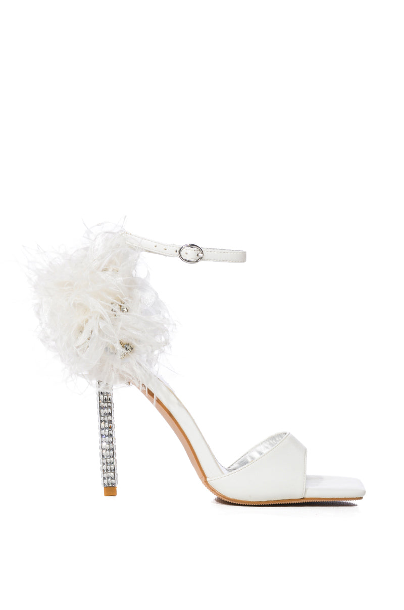 AZALEA WANG CLARICE FEATHER SANDAL WITH RHINESTONE STILETTO HEEL