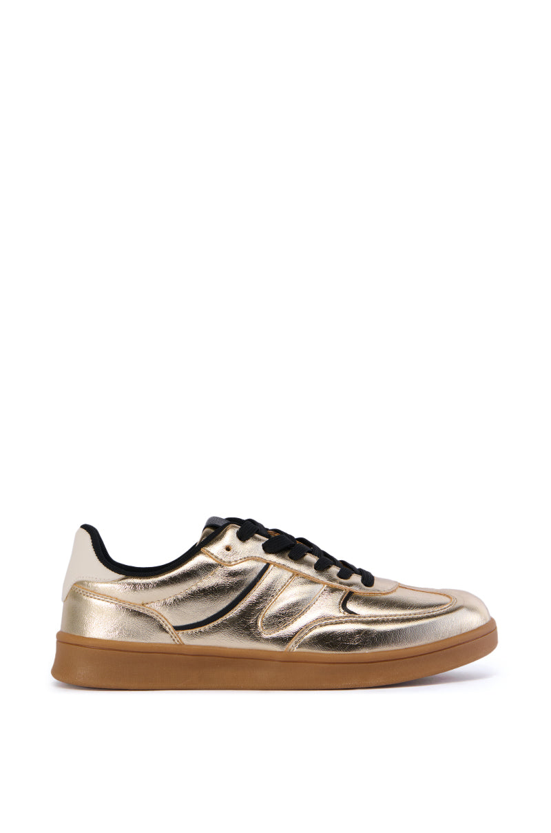 Side View Azalea Wang Full Moon Gold Metallic Sneaker