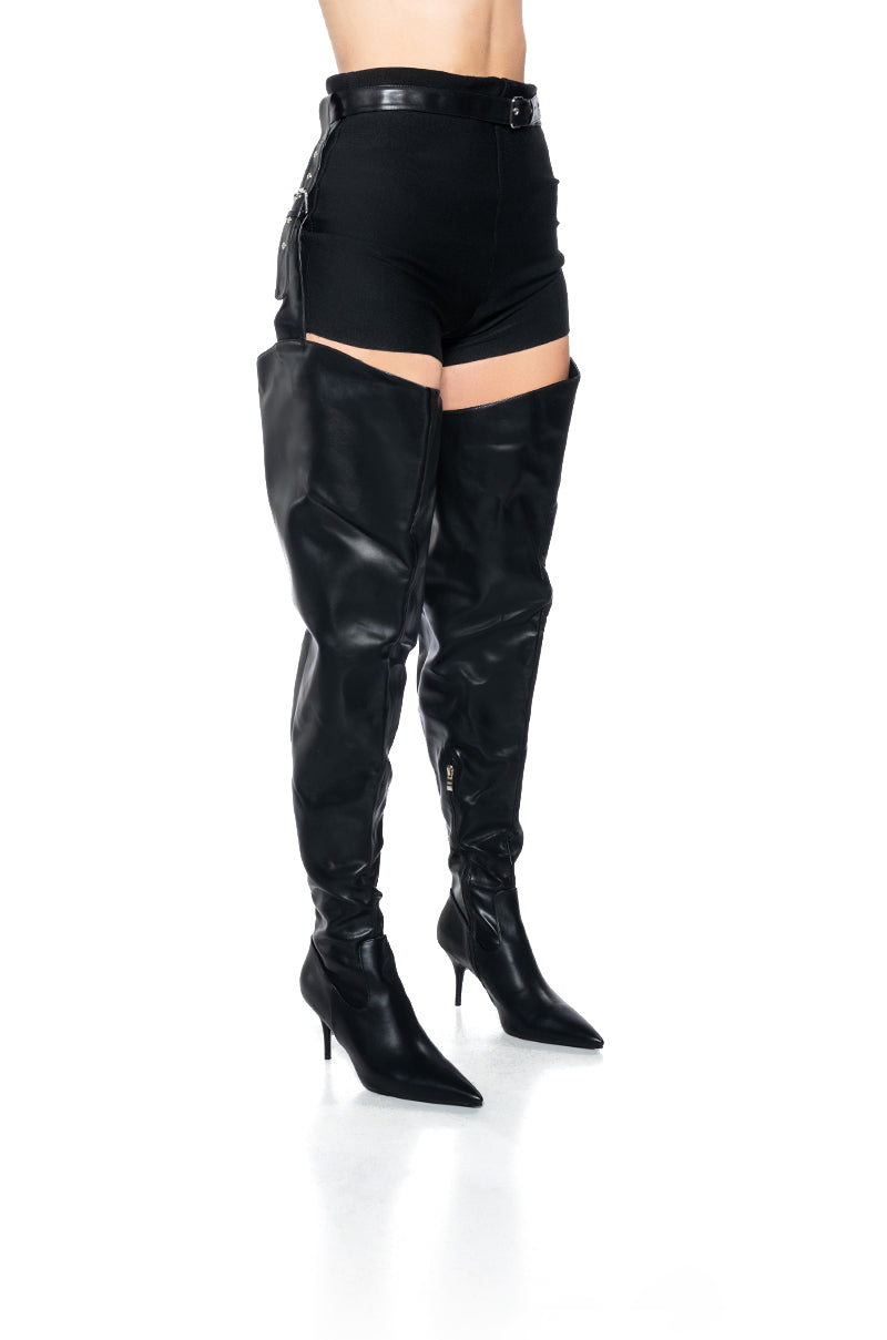 AZALEA WANG LEWANNA BLACK THIGH HIGH BELTED CHAP BOOT IN BLACK view 0