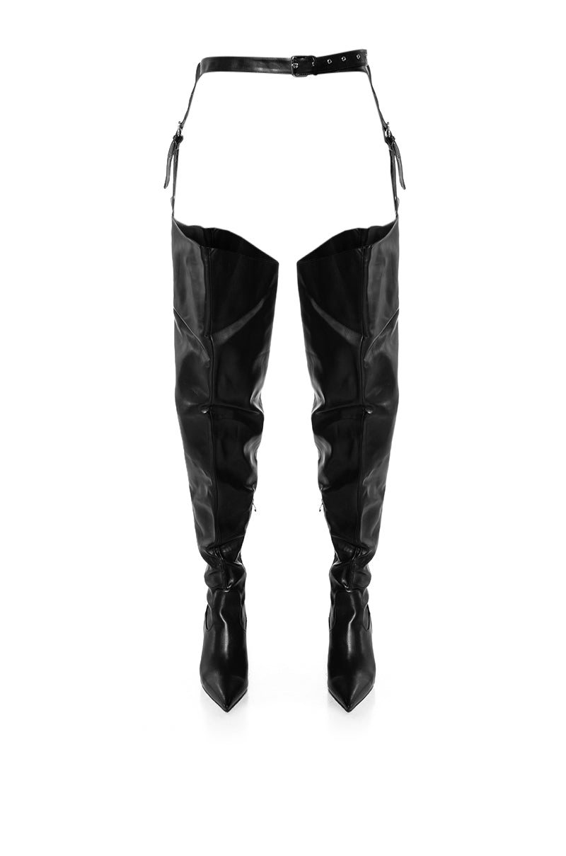 Back View Azalea Wang Lewanna Black Thigh High Tie Boot