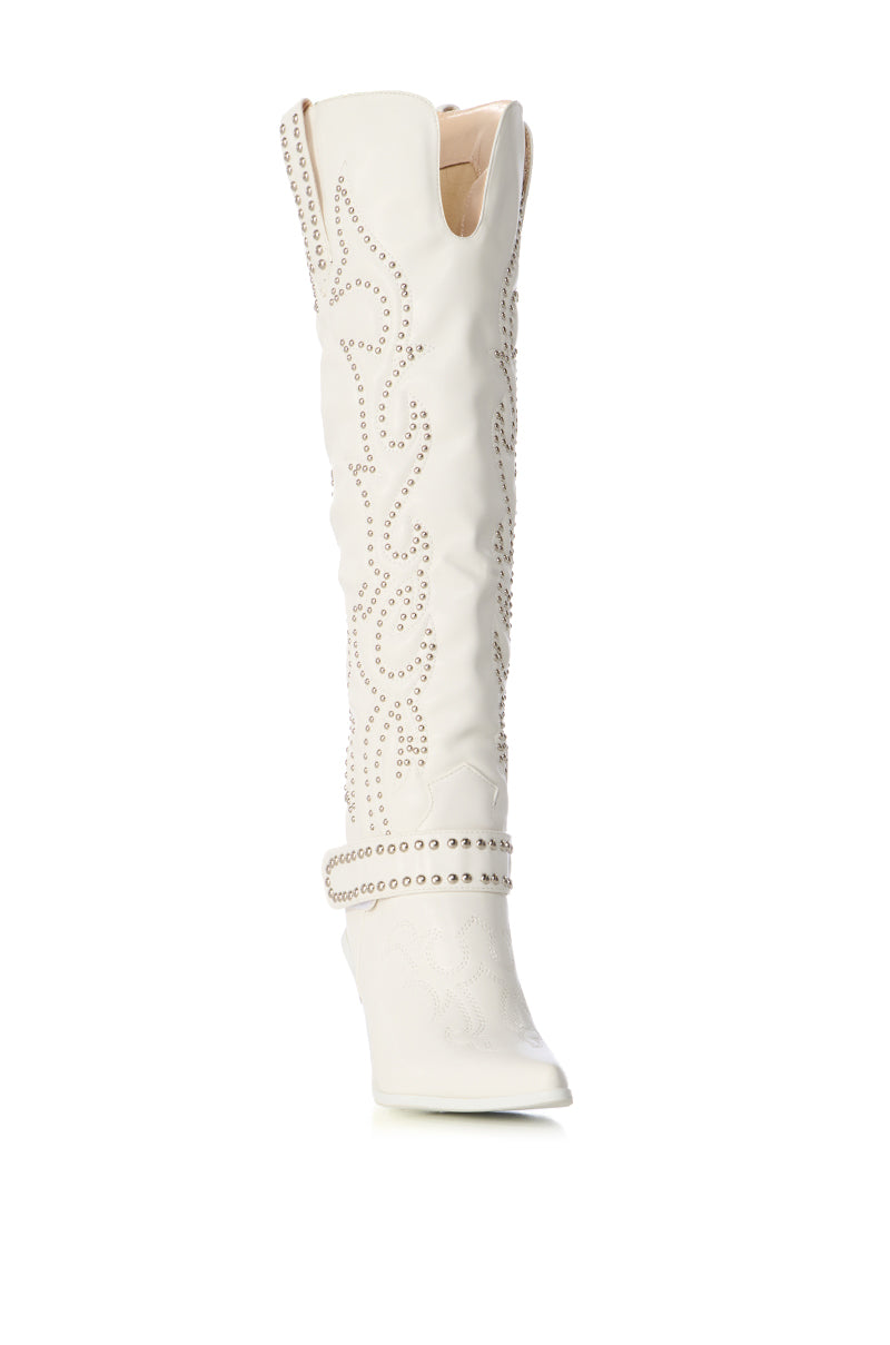 Back View Azalea Wang Maitia White Embellished Cowboy Boot
