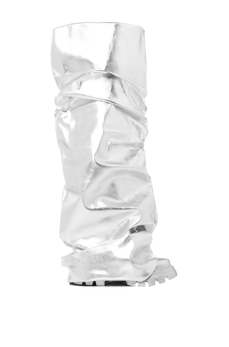 Side View Azalea Wang Moonglow Silver Over The Knee Boot