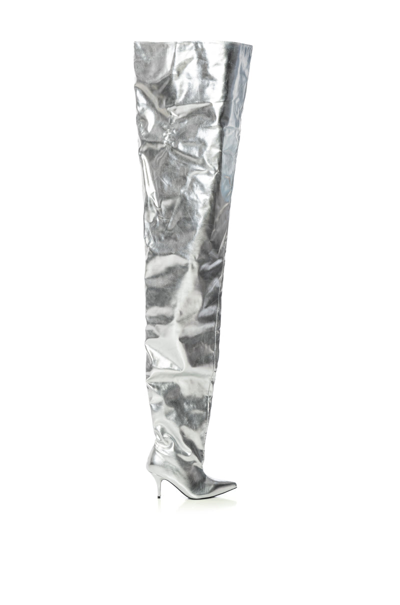 Back View Azalea Wang Nemy Silver Kitten Heel Thigh High Boot
